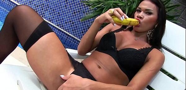  Sensual Tgirl Erika Lee Masturbates with a Banana and Sticks a Dildo Up Her Ass